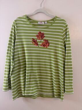 Quacker Factory L Green Striped Sequin Fall Leaves Top Y2K Whimsical Autumn